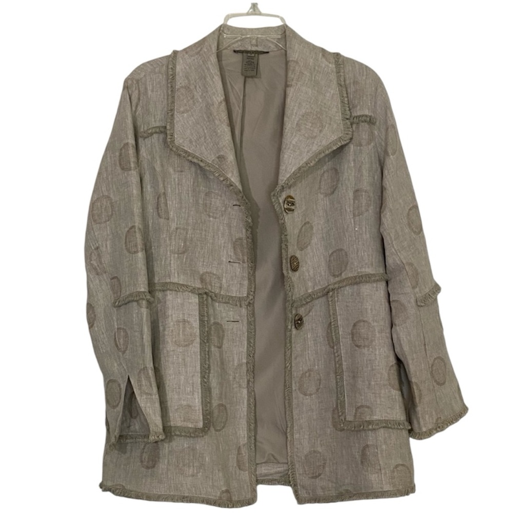 Sharon Young Jacket Light Weight Beige Small Boho Fringe Polka Dots Linen Blend